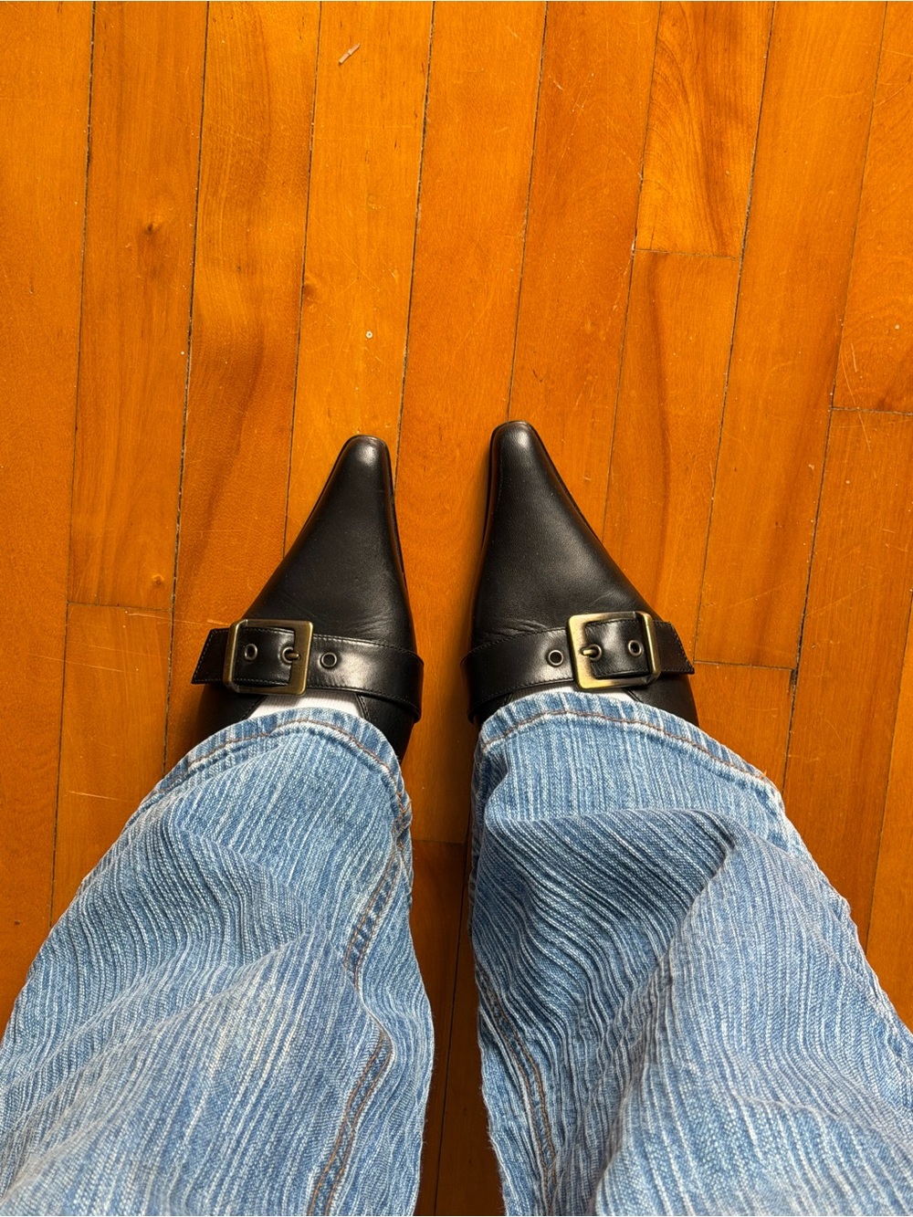 Black Pointed Leather Buckle Kitten Heel